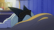 a cartoon character wearing a sleep mask laying in bed