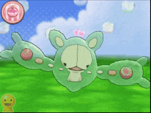 a video game screen shows a green animal with bubbles coming out of it 's mouth