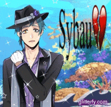 a man in a suit and hat is standing in front of a coral reef and the word sybau