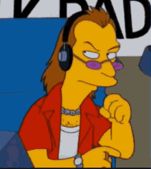 a cartoon character wearing headphones and a watch is pointing at something