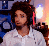 a woman wearing headphones and a wig with a beard