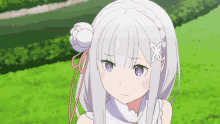 a girl with white hair and purple eyes has an x on her head