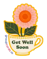 a sticker that says get well soon with a flower in a teacup