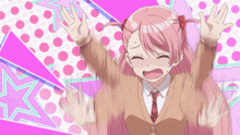 a girl with pink hair is screaming with her arms up in the air