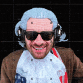 a man wearing a wig and headphones is smiling