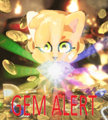 a picture of a cat with a diamond in its mouth and the words gem alert