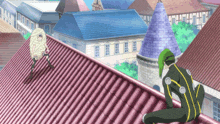 a man in a green suit is crawling on a roof