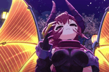 a cartoon character with horns is standing in front of a purple background