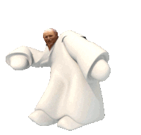 a cartoon character in a white robe with a hat on his head