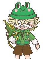 a boy wearing a frog hat is holding a green gun