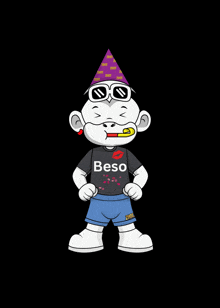 a cartoon character is wearing a party hat and sunglasses and has a shirt that says beso