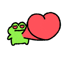 a frog is holding a red heart in its mouth