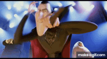 a cartoon vampire is standing on a stage with a microphone and a bird .