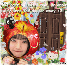 a picture of a girl wearing an apple hat with the words take care of yourself rmb an apple a day keep the doctor away