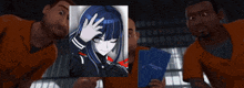 three men are looking at a picture of a girl with white hair