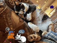 a calico cat sleeping on a couch with a blue sticker that says nite nite