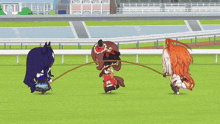 three anime characters are playing tug of war with a rope