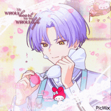 a boy with purple hair is holding a pink heart with the words " my whole heart for my whole life "