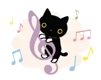 a black cat is standing on a treble clef surrounded by colorful music notes