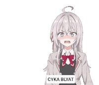a girl with white hair and a red bow tie is making a funny face and screaming .