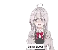 a girl with white hair and a red bow tie is making a funny face and screaming .