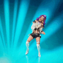 a woman with purple hair is dancing in front of a blue background in a video game .