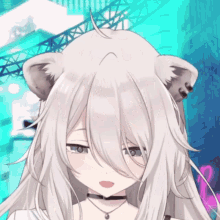 a close up of a cartoon character with white hair and cat ears