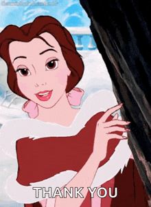 a cartoon of belle from beauty and the beast says " thank you "