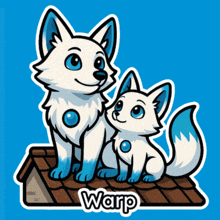 a cartoon drawing of two white foxes with blue eyes and the name warp on the bottom
