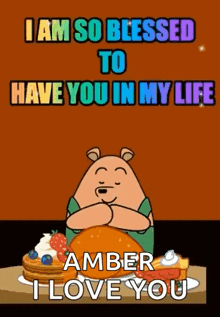 a cartoon bear is sitting at a table with a turkey and pancakes .