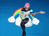 a girl with pink hair is playing a guitar on a cloud