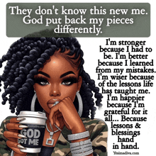 a woman holding a coffee cup that says god got me on it