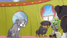 two cartoon dogs are looking at each other in a room