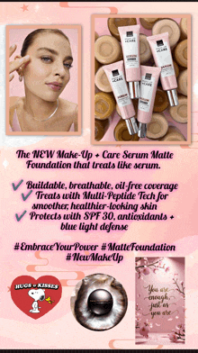 an advertisement for a new make up and care serum matte foundation that treats like serum