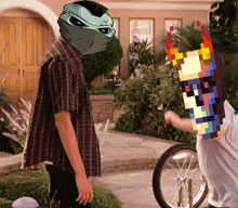 a man in a plaid shirt is holding a pixelated item in front of a house