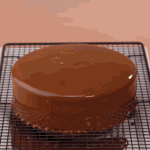 a chocolate cake is sitting on a wire rack
