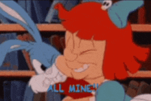 a cartoon character with red hair is holding a heart and says all mine