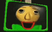 a cartoon character with a yellow face and a red mouth is in a green frame .