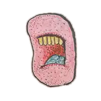 a drawing of a mouth with gold teeth