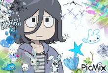 a pixel art of a girl with rabbits and the word angel on the bottom