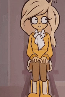 a cartoon girl is sitting on a chair with her eyes closed and her legs crossed .