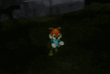 a cartoon character in a blue shirt is standing in a dark field