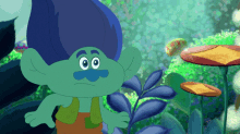 a troll with blue hair and a mustache is standing in a jungle