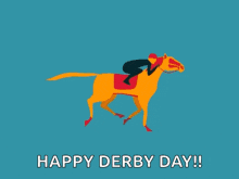 a happy derby day greeting card with a horse and jockey on it