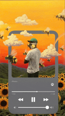 a painting of a man surrounded by bees is displayed on an iphone screen