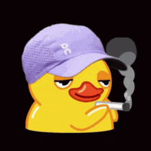 a yellow duck wearing a purple hat is smoking a cigarette .