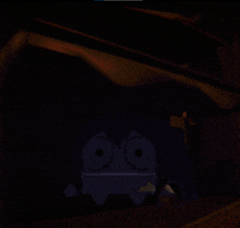 a dark room with a cartoon character looking out