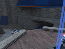 a person in a video game is standing on a wooden deck