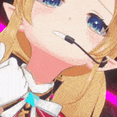 a close up of a blonde anime girl with a microphone on her head