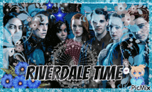 a poster for riverdale time with a group of people